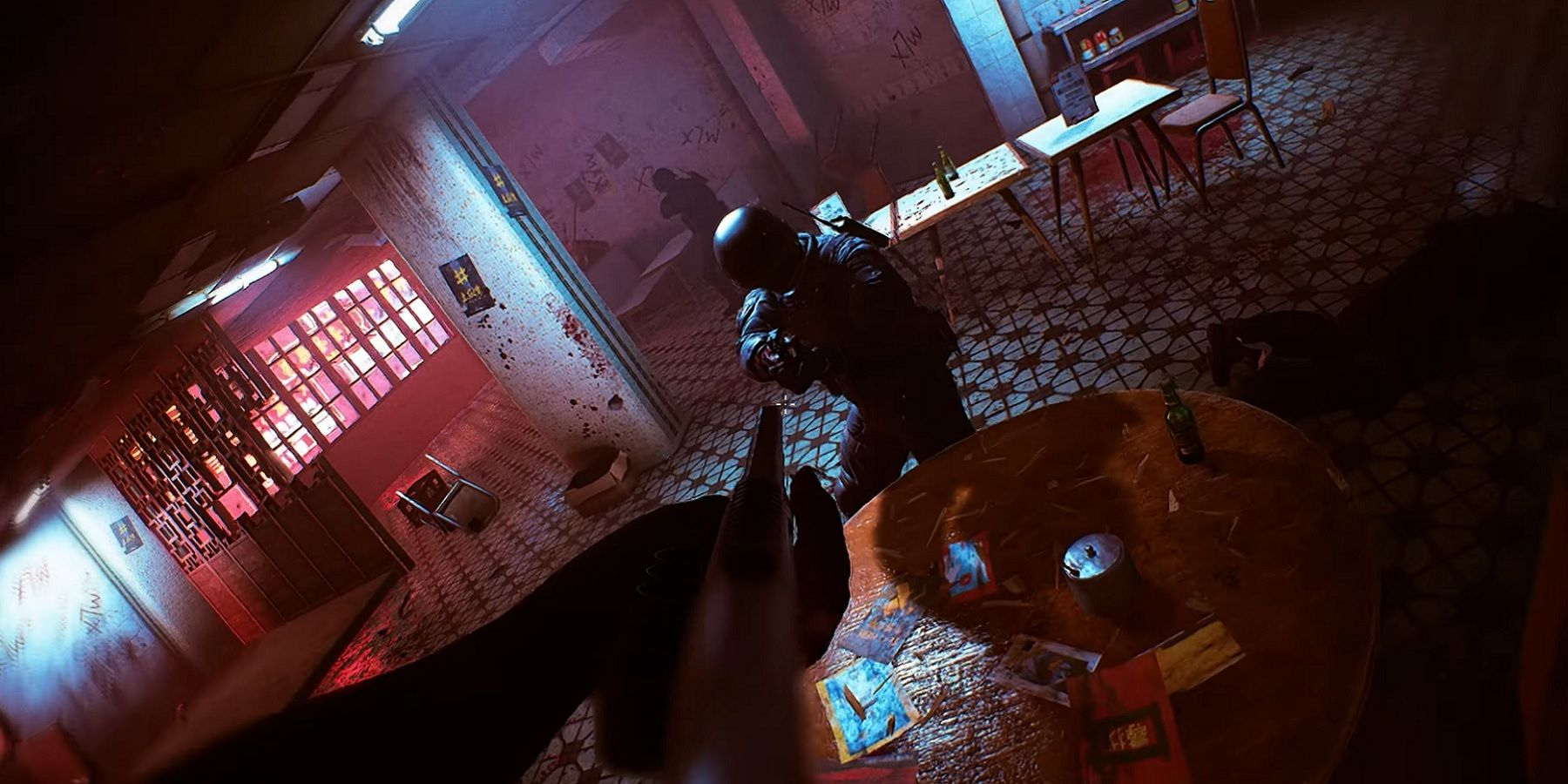 Image from an untitled FPS game being made in Unreal Engine 5, showing a slow-motion shootout in a restaurant.