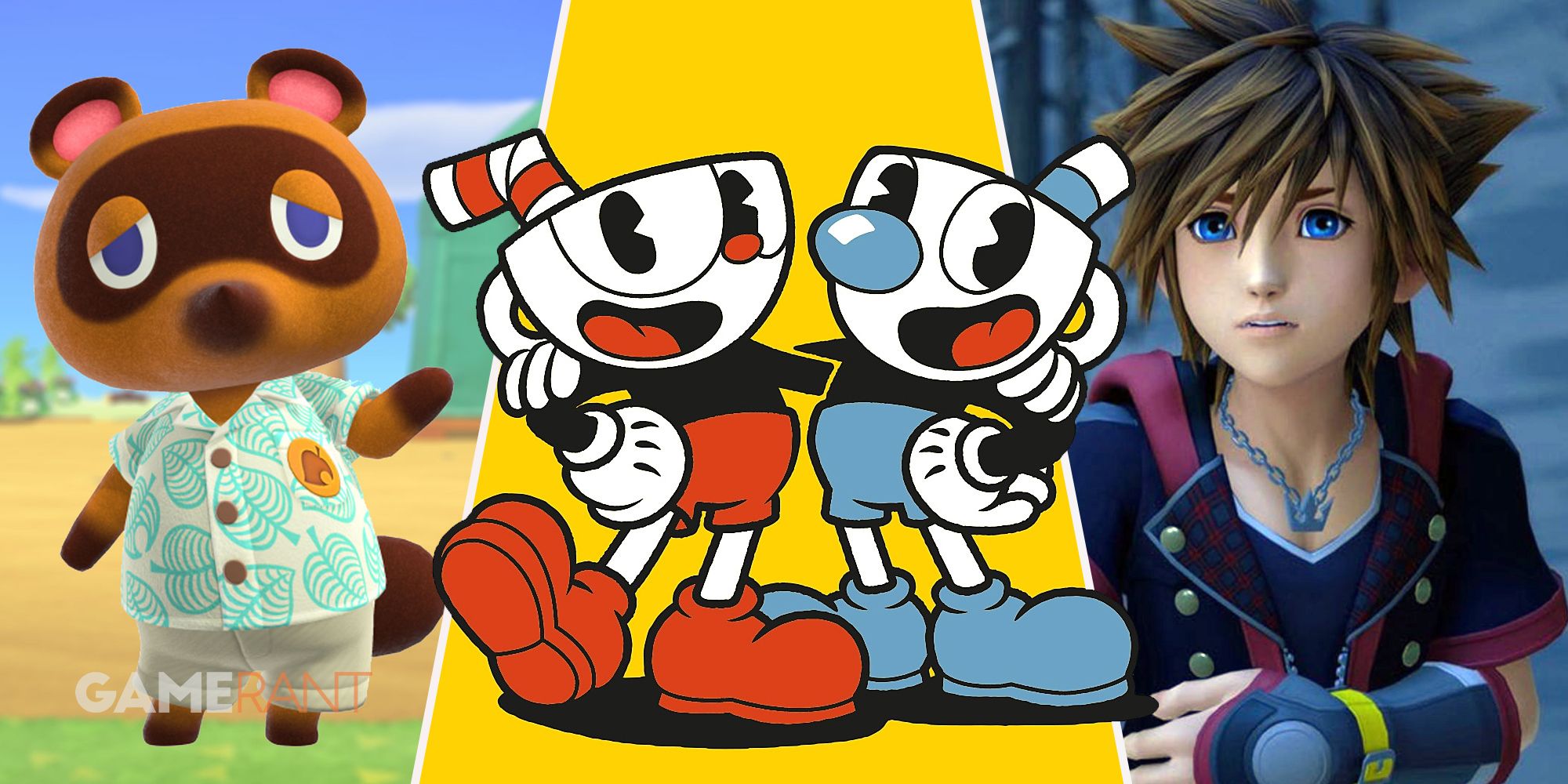 Том Нук из Animal Crossing машет рукой слева, персонажи Cuphead посередине, Сора из Kingdom Hearts справа