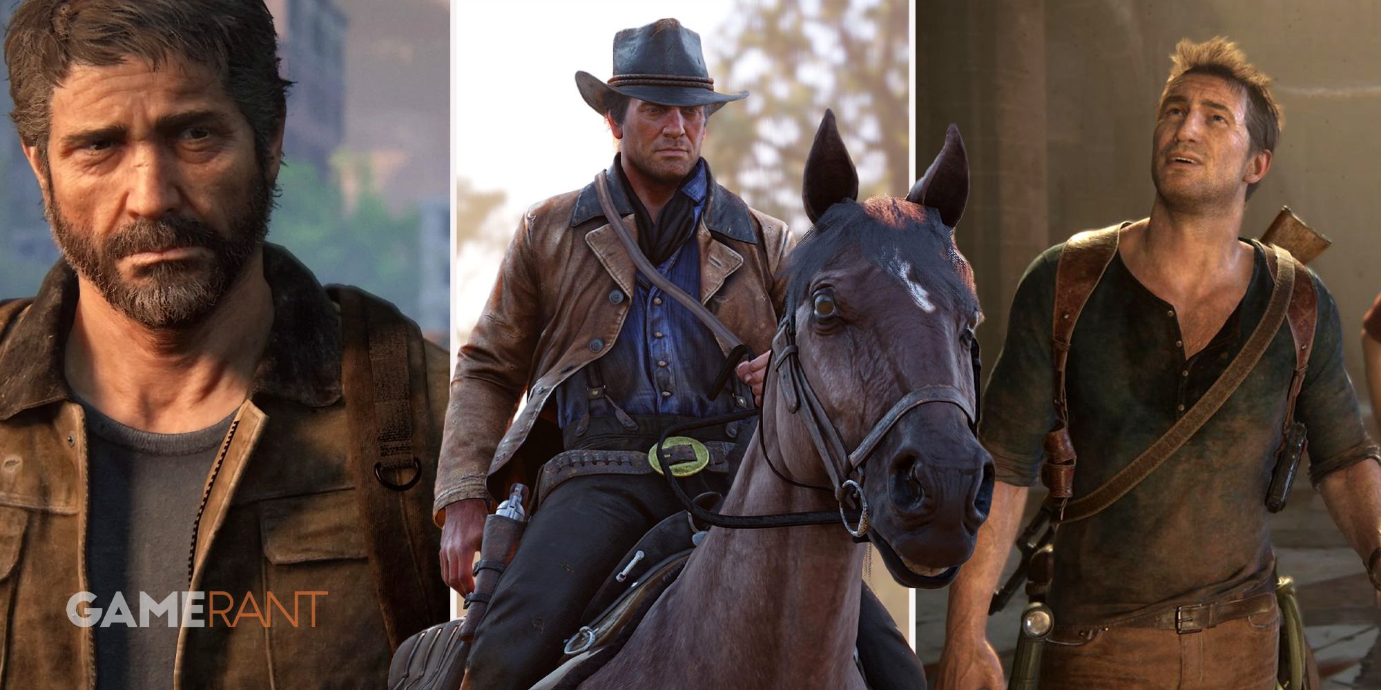 Джоэл Миллер (The Last Of Us) слева, Артур Морган (Red Dead Redemption 2) на лошади посередине, Натан Дрейк (Uncharted) смотрит вверх справа