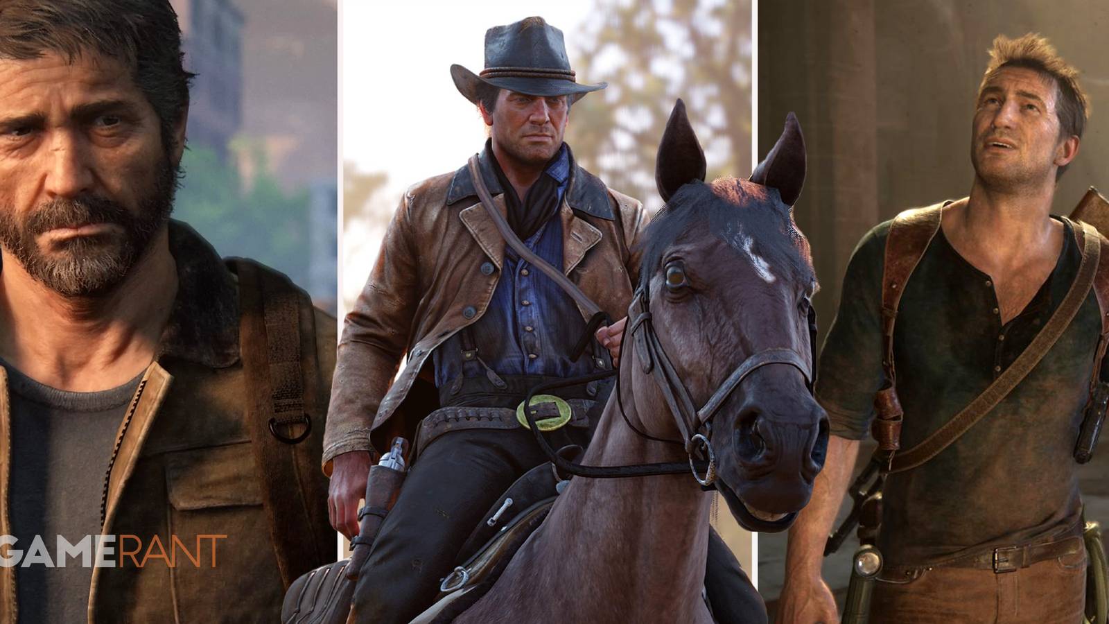 Joel Miller (The Last Of Us) on left, Arthur Morgan (Red Dead Redemption 2) on his horse in middle, Nathan Drake (Uncharted) looking up on right