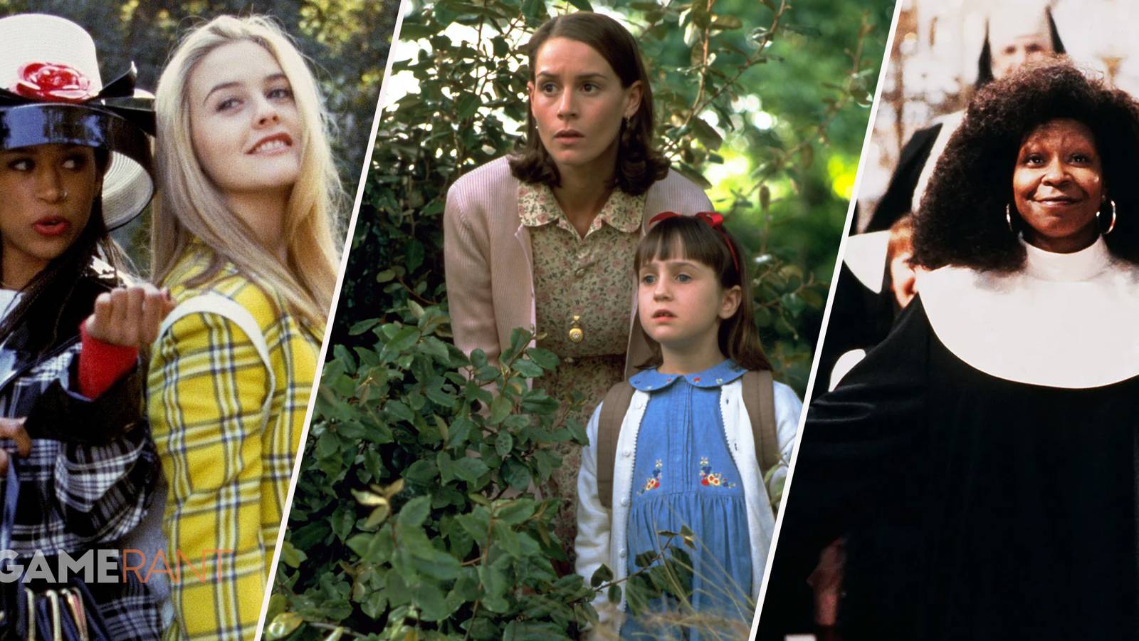 Clueless iconic scene with plaid fashion on left, Miss Honey and Matilda from Matilda in middle, Whoopi Goldberg with the church choir in Sister Act