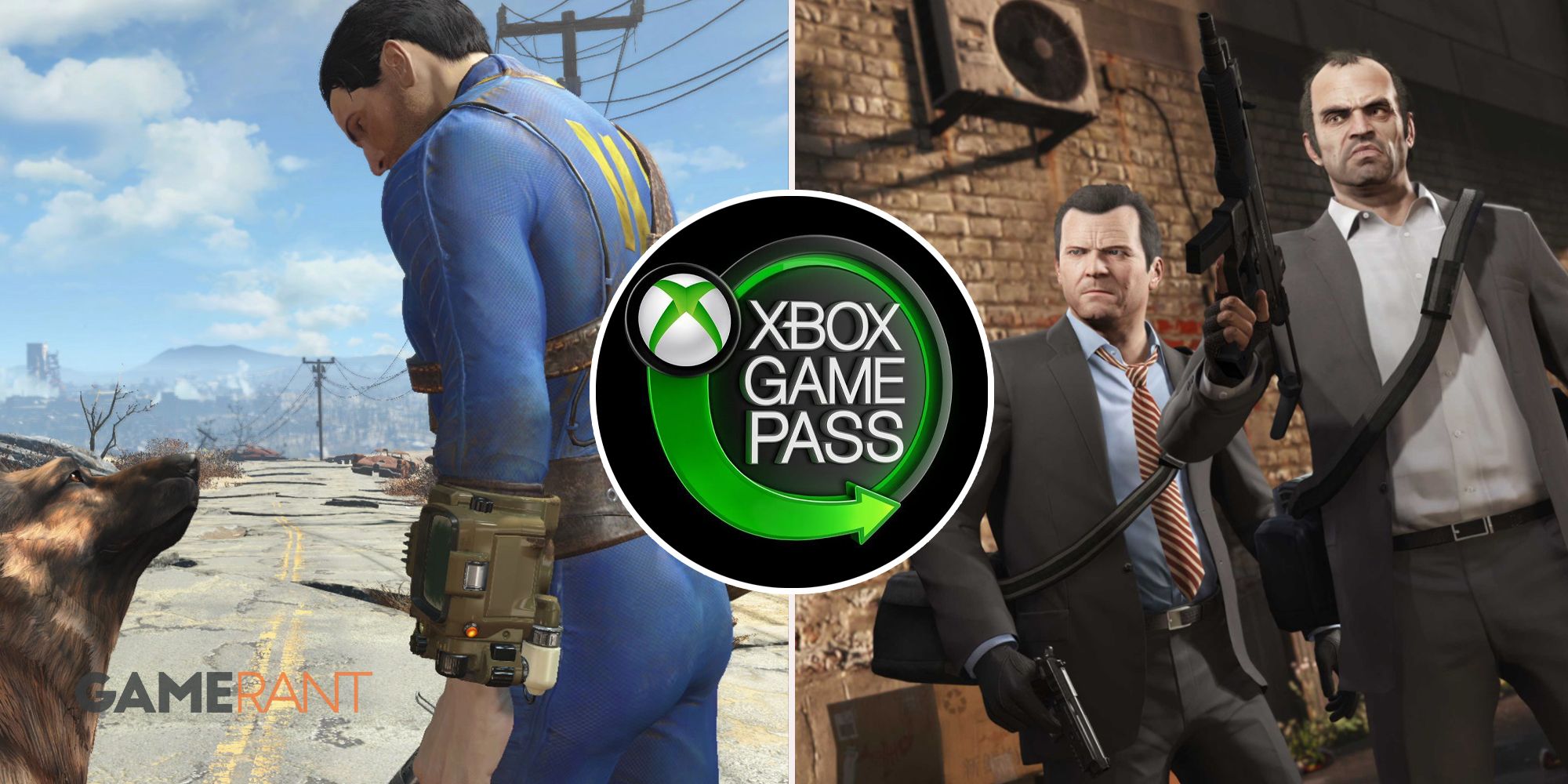 Игры Xbox Game Pass: персонаж Fallout 4 с Псиной слева, персонажи одиночного сюжетного режима Grand Theft Auto V справа