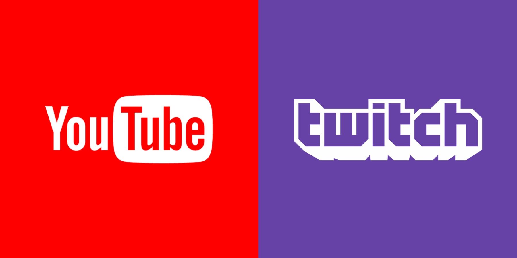 Image showing the YouTube logo on the left on a red background, and the Twitch logo on the right on a purple background.