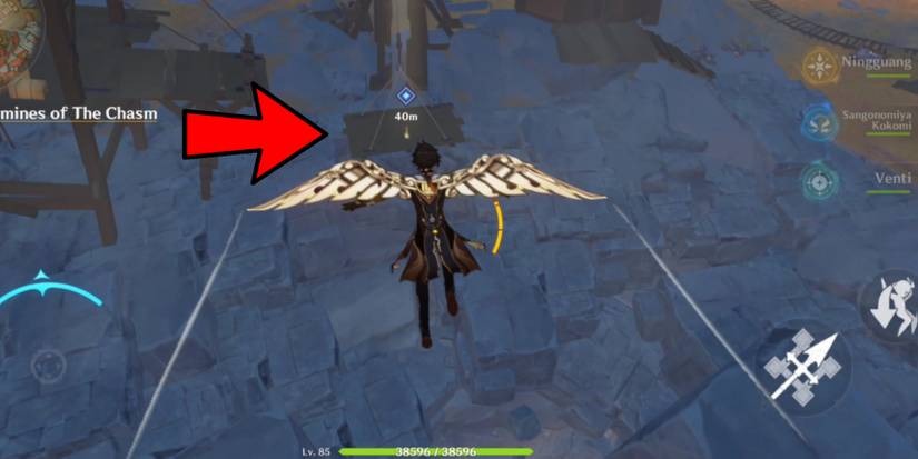 zhongli gliding to an elevator in Genshin impact