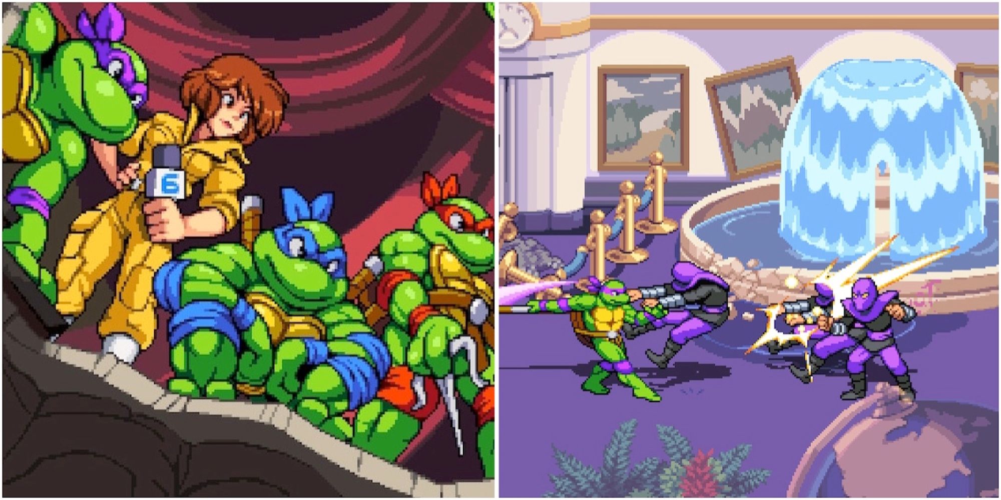 A cutscene featuring characters and fighting enemies in Teenage Mutant Ninja Turtles Shredder's Revenge