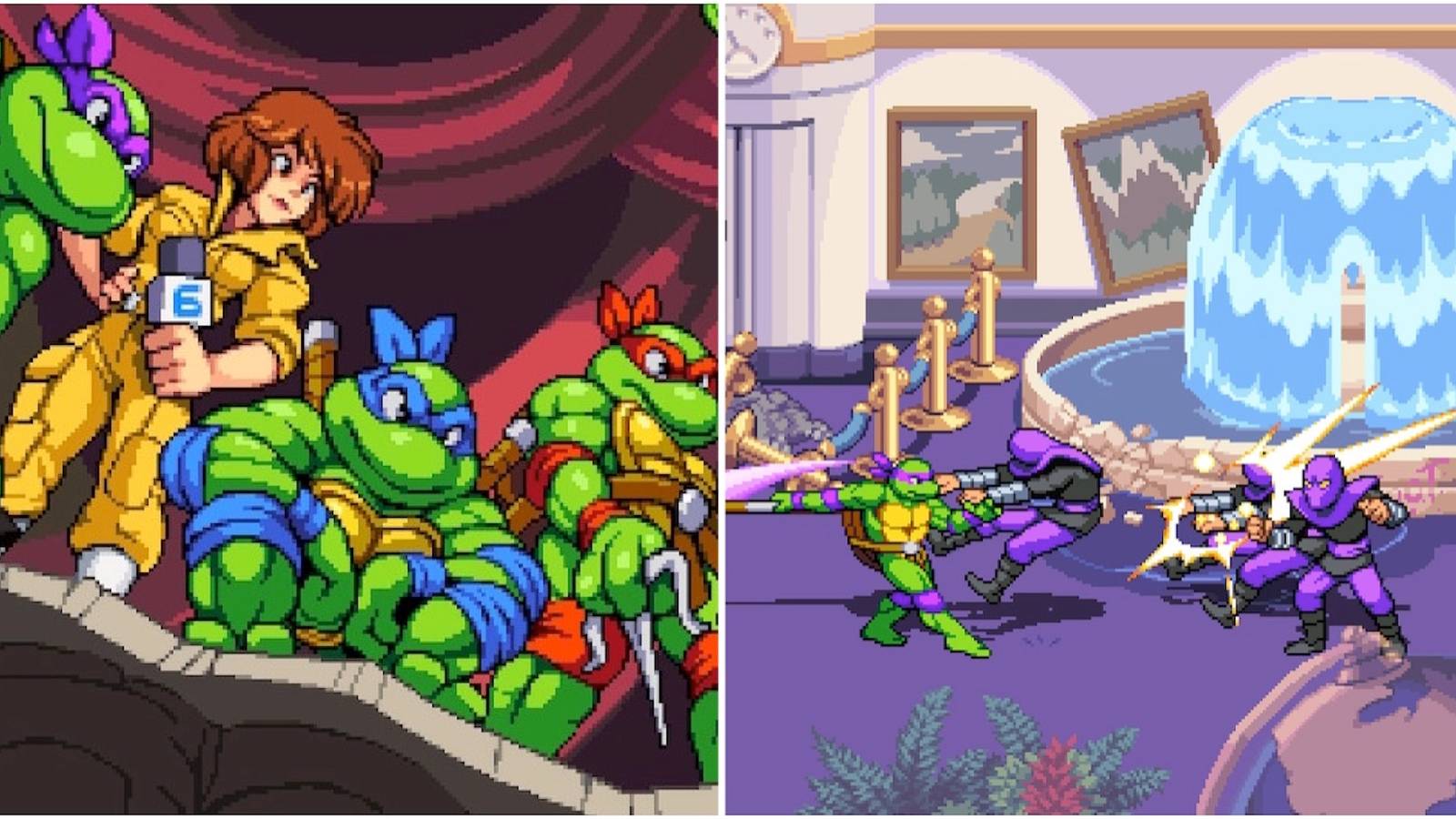 A cutscene featuring characters and fighting enemies in Teenage Mutant Ninja Turtles Shredder's Revenge