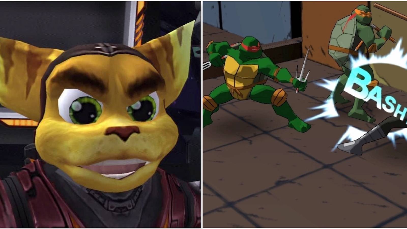 Ratchet in Ratchet Deadlocked and fighting enemies in Teenage Mutant Ninja Turtles