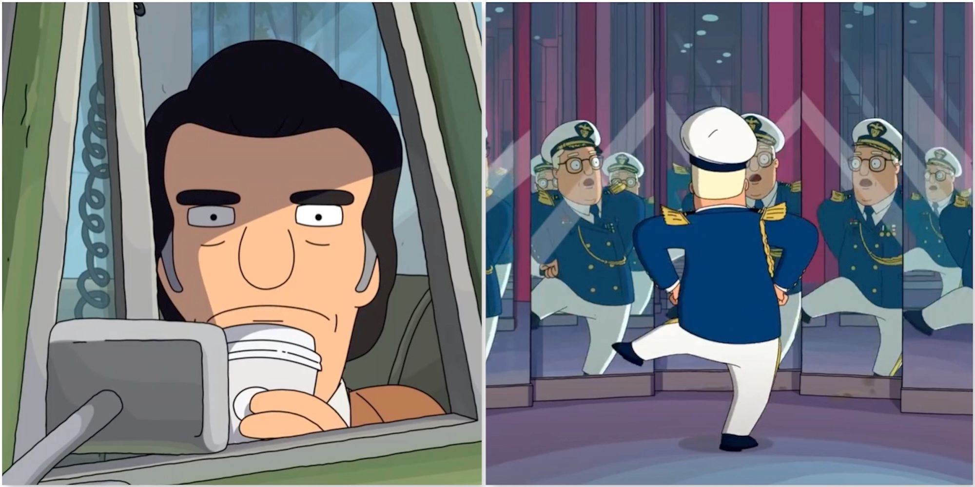 Sergeant Bosco and Felix dancing in front of a mirror from The Bob’s Burgers Movie