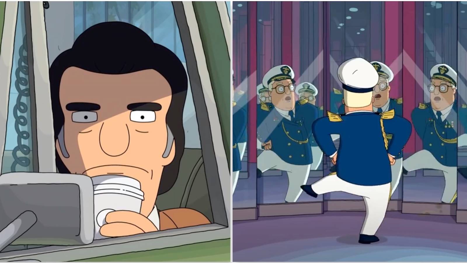 Sergeant Bosco and Felix dancing in front of a mirror from The Bob’s Burgers Movie