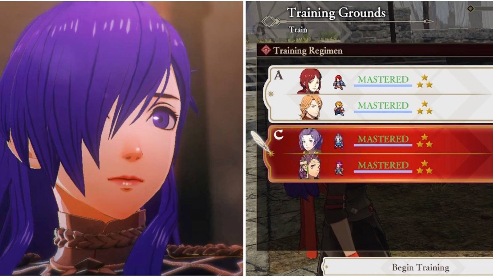 Shez and the training menu in Fire Emblem Warriors Three Hopes