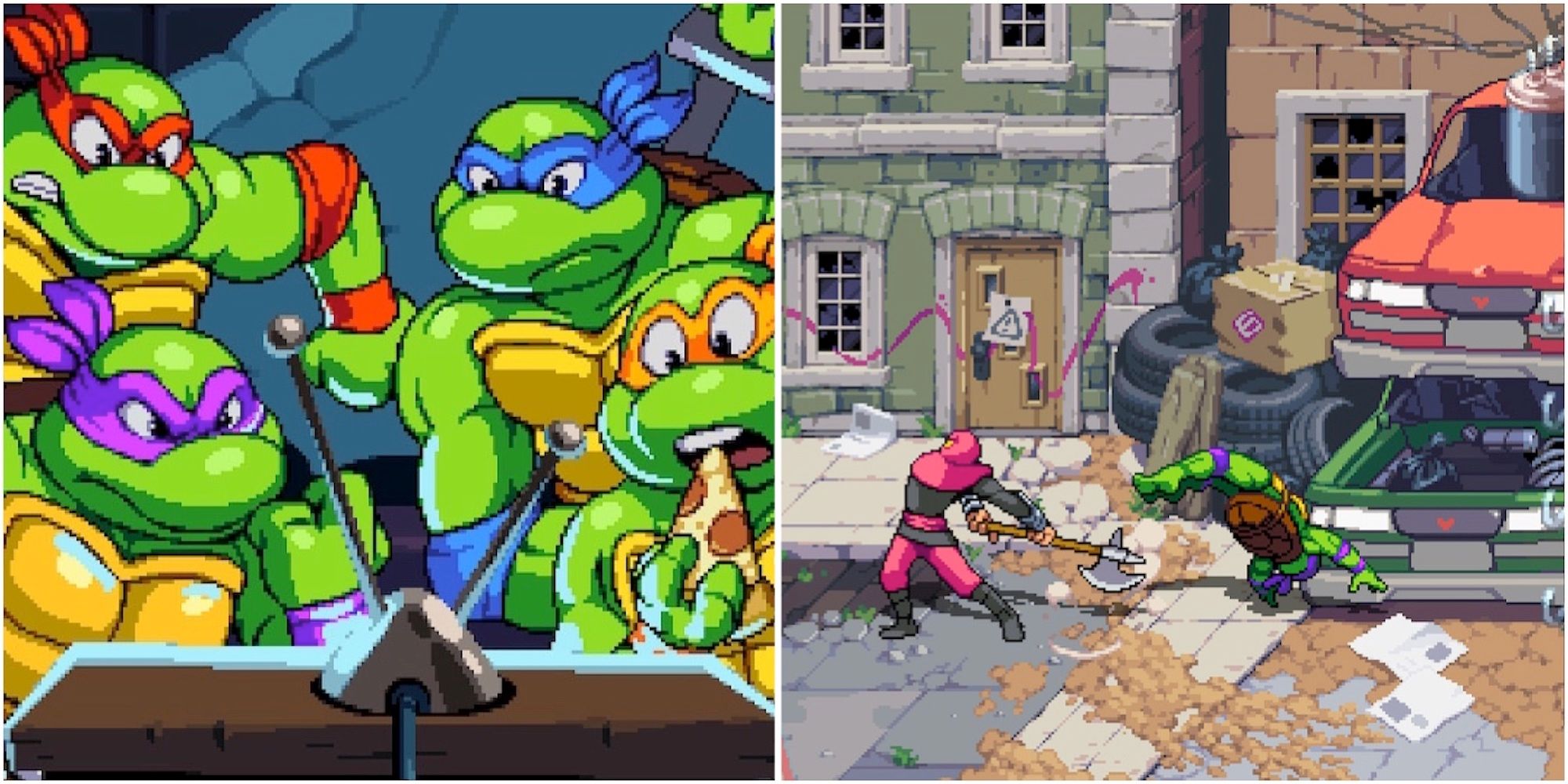 A cutscene featuring characters and fighting enemies in Teenage Mutant Ninja Turtles Shredder's Revenge