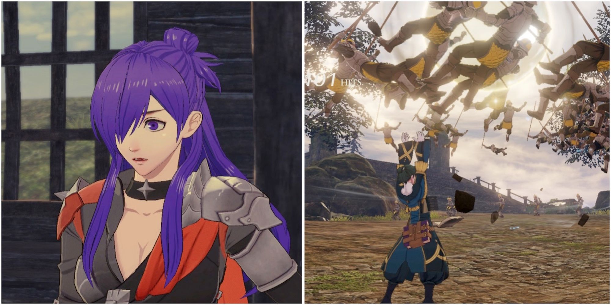 Shez and fighting enemies in Fire Emblem Warriors Three Hopes