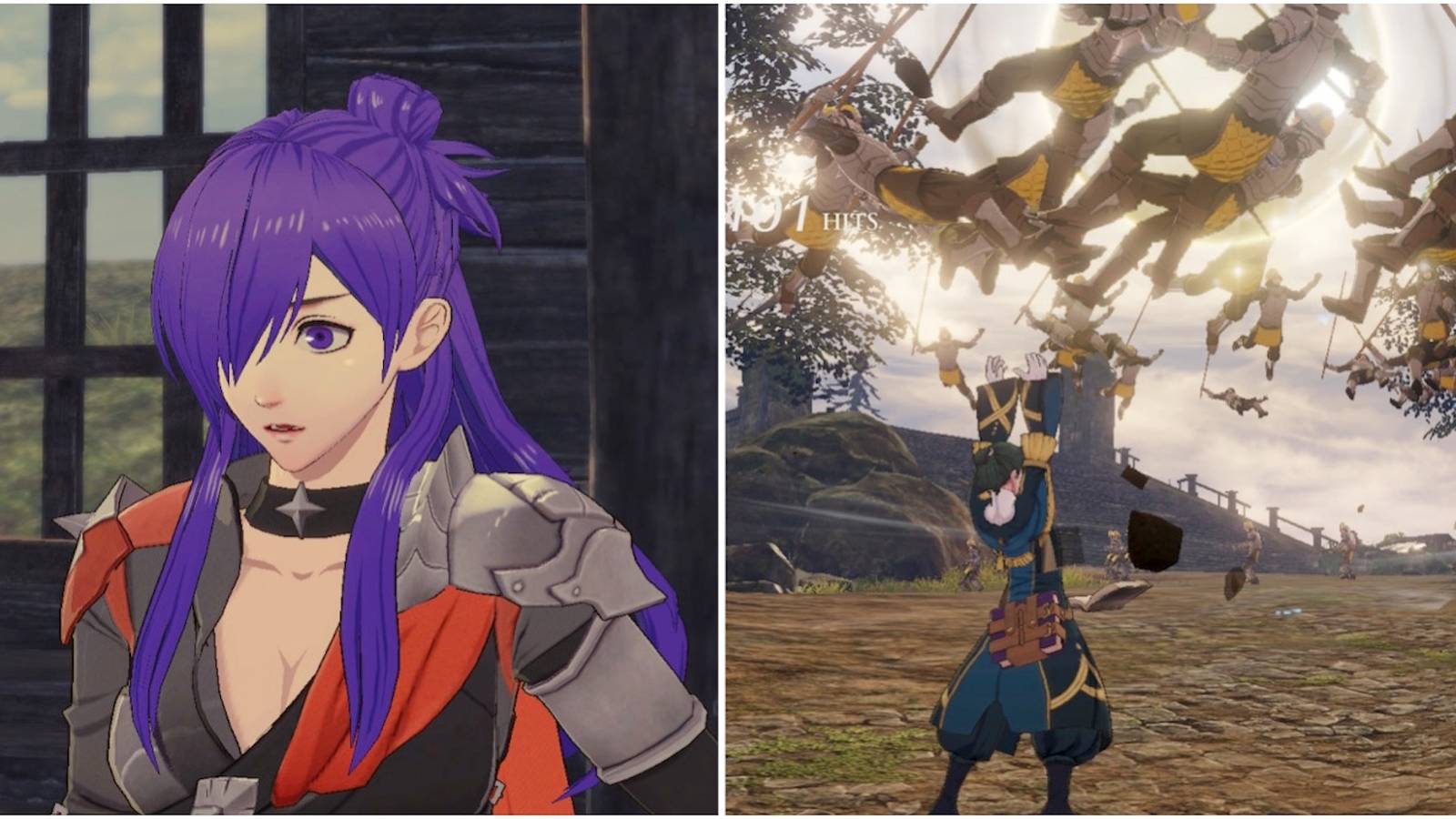 Shez and fighting enemies in Fire Emblem Warriors Three Hopes