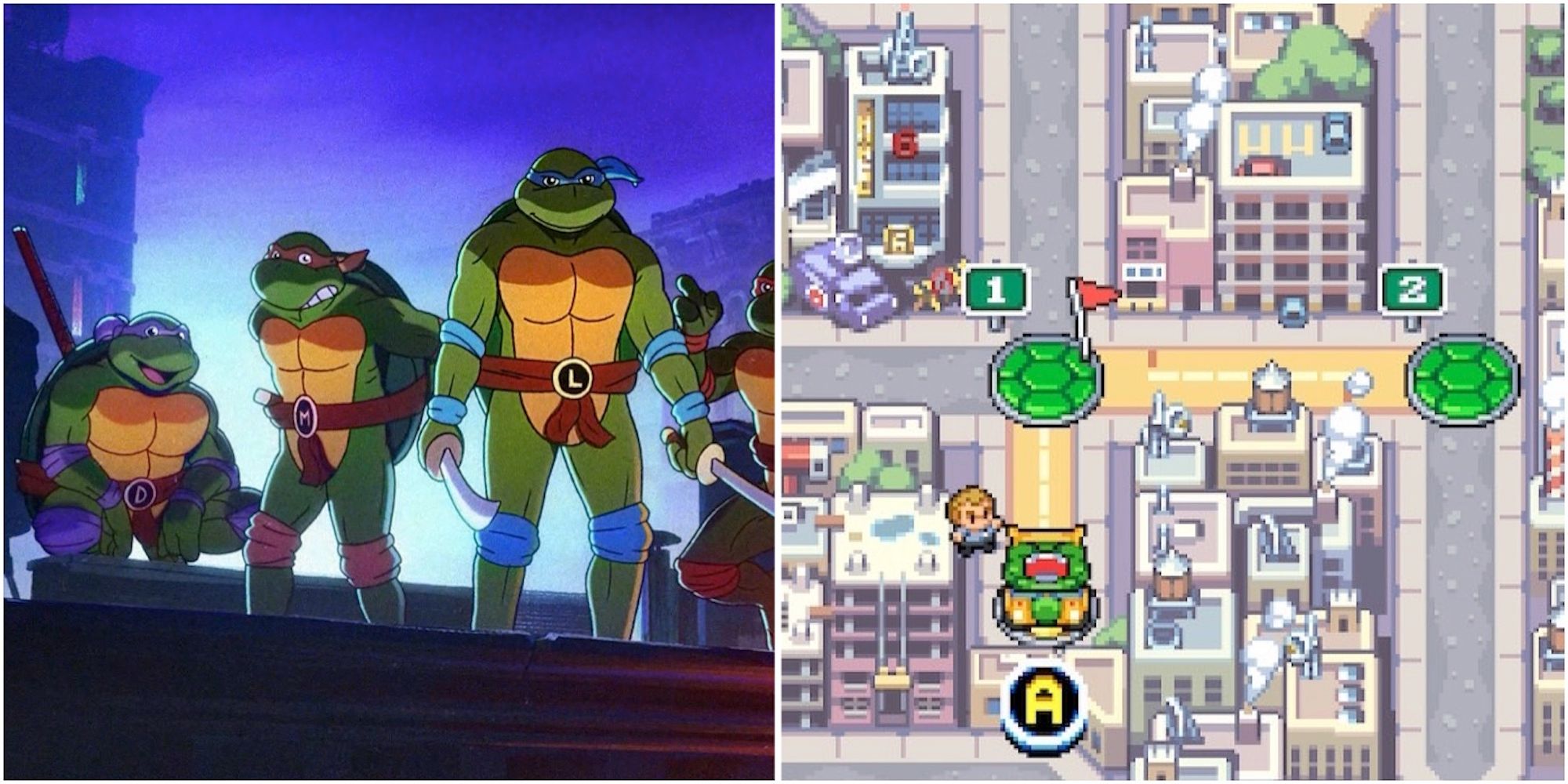 A cutscene featuring characters and the world map in Teenage Mutant Ninja Turtles Shredder's Revenge