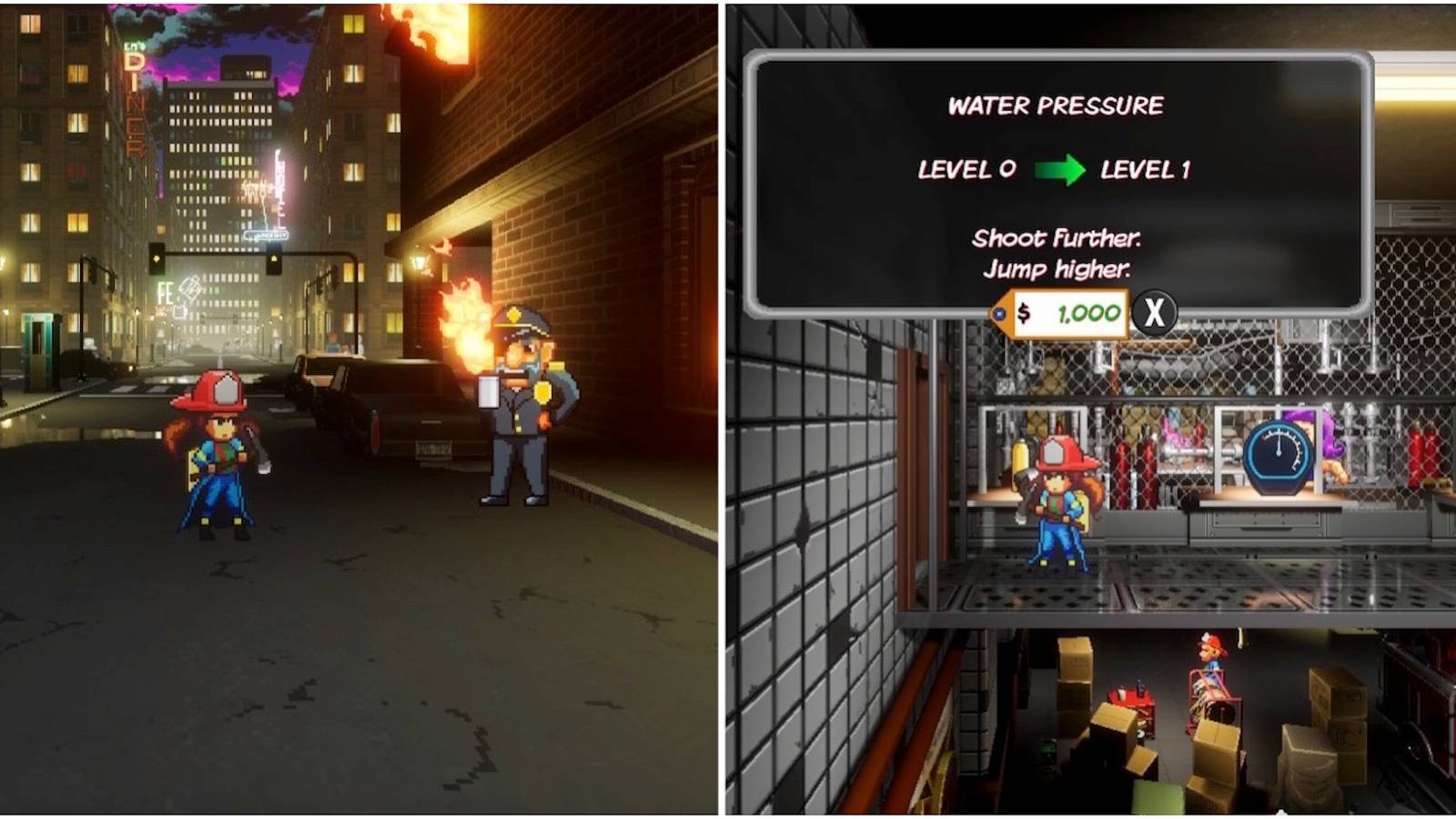 Exploring the world and an upgrade store in Firegirl Hack 'n Splash Rescue DX