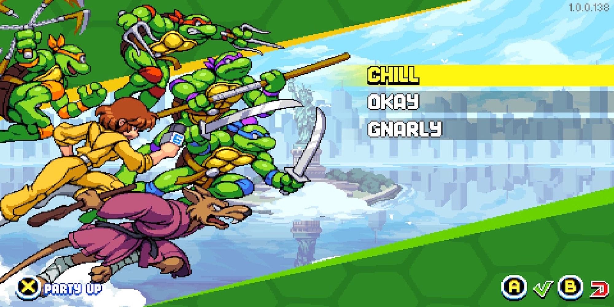 The difficulty menu in Teenage Mutant Ninja Turtles Shredder's Revenge