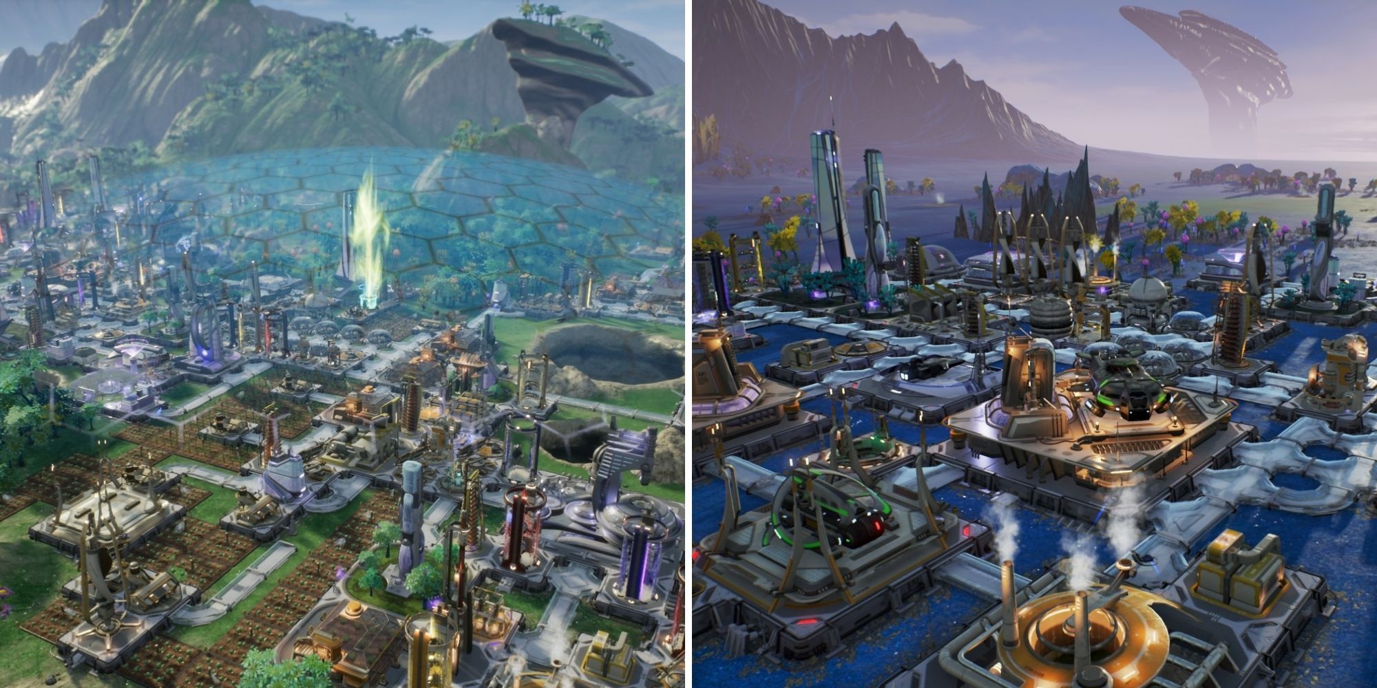 On the left is a greener planet with farms while on the right is a dark planet with machinery in Aven Colony