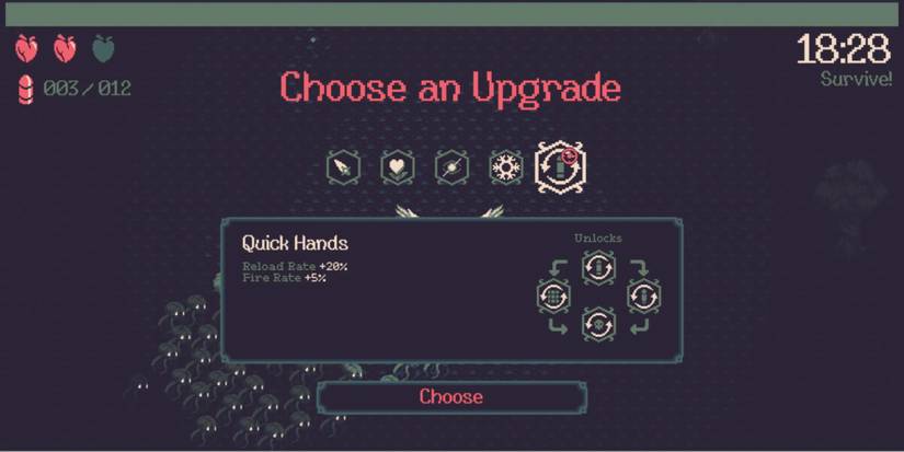 20 Minutes Till Dawn - Pick upgrades that build on weapons - Player chooses Quick Hands for increased fire rate