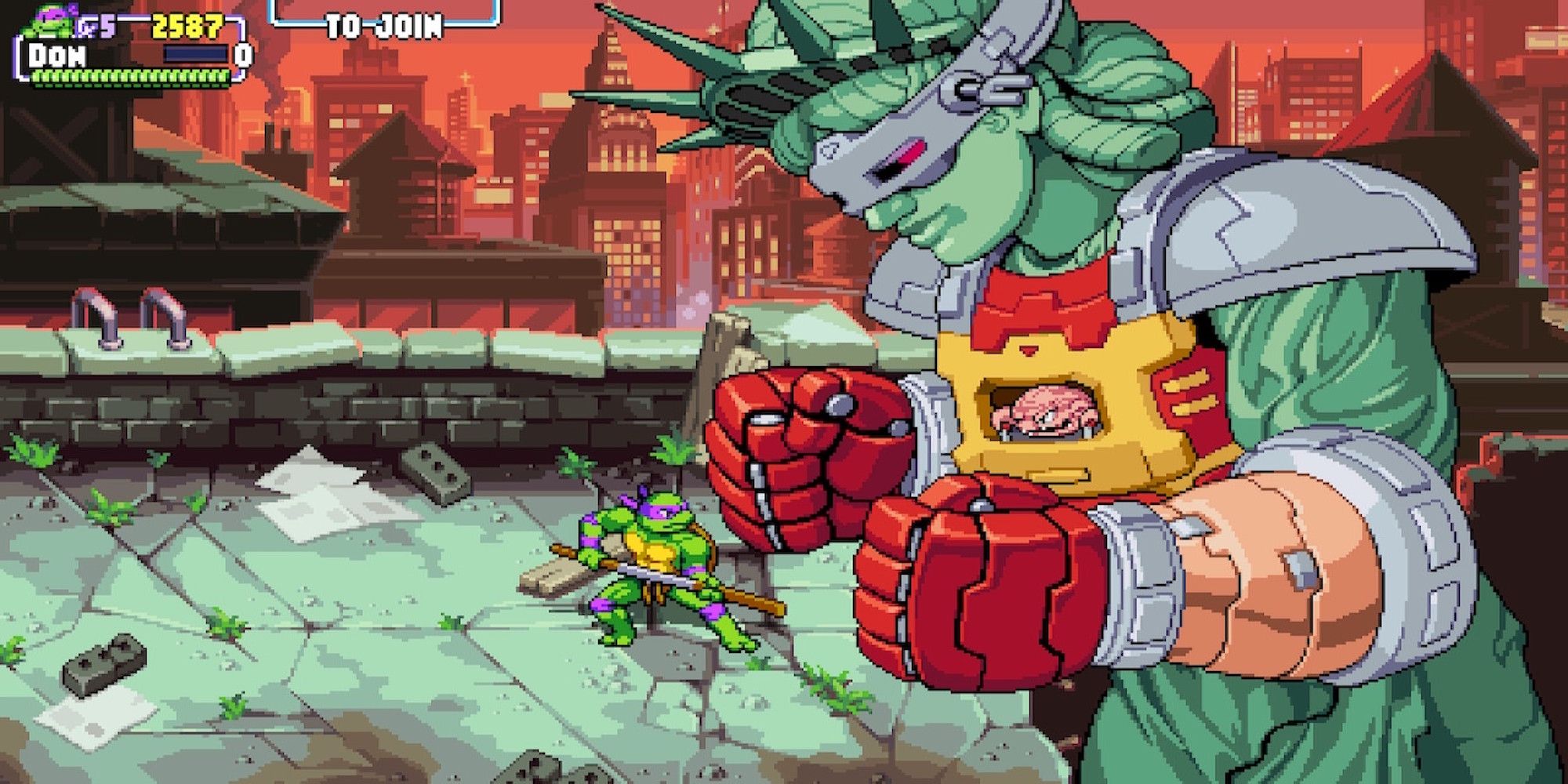 Fighting a boss in Teenage Mutant Ninja Turtles Shredder's Revenge