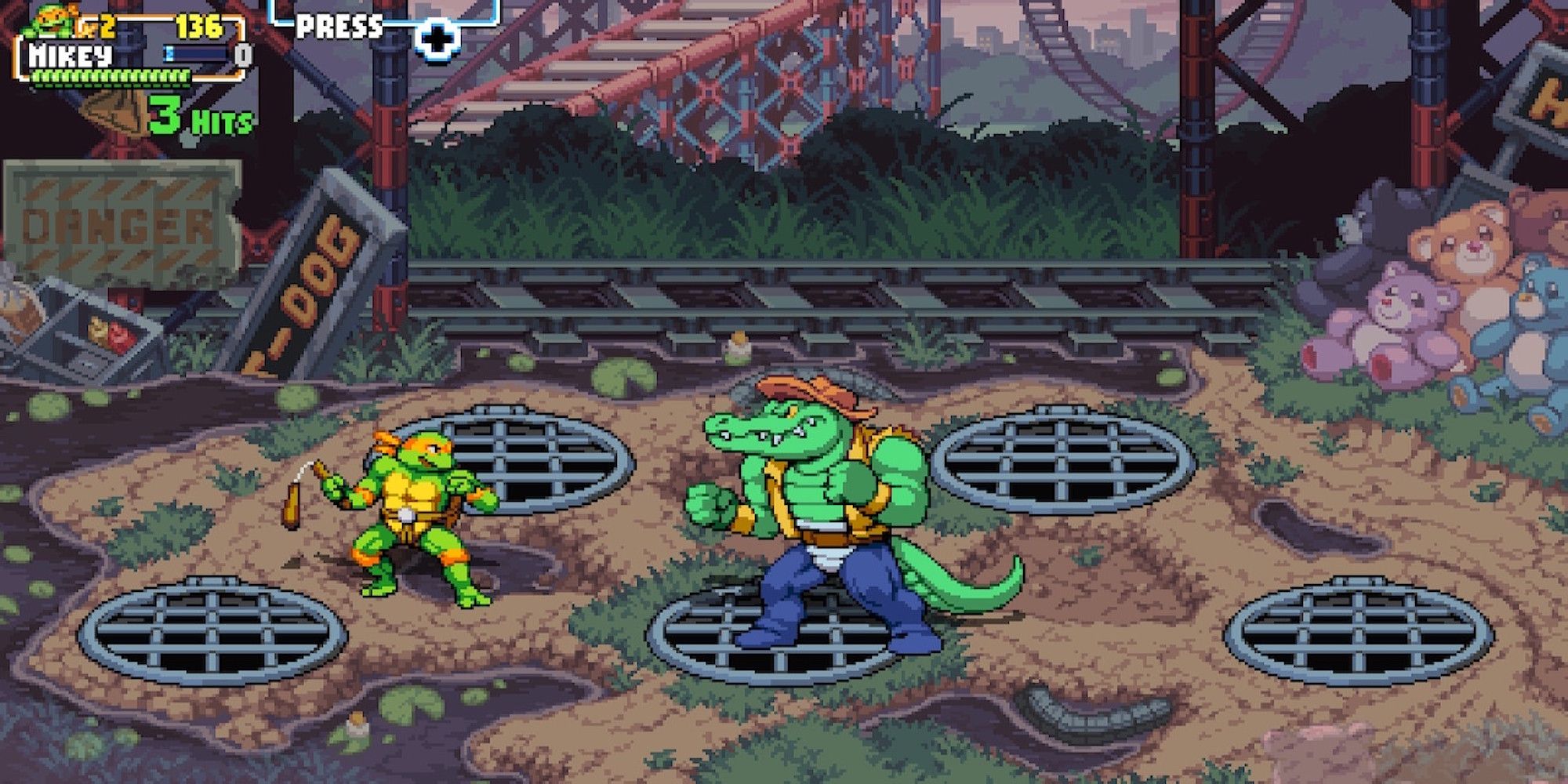 Fighting a boss in Teenage Mutant Ninja Turtles Shredder's Revenge