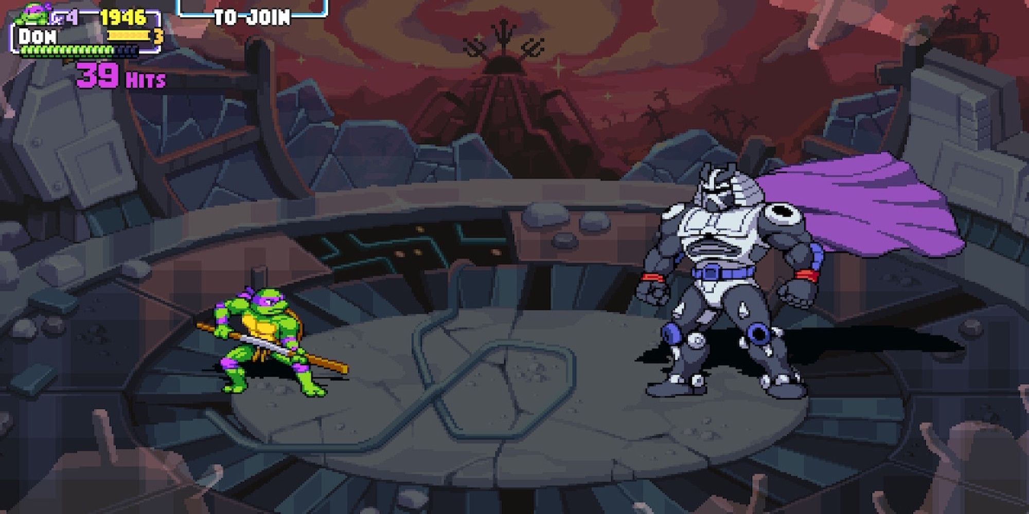 Fighting a boss in Teenage Mutant Ninja Turtles Shredder's Revenge