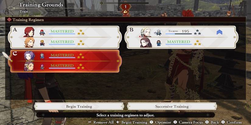 The training menu in Fire Emblem Warriors Three Hopes