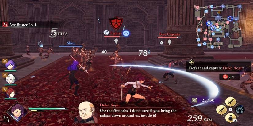Fighting enemies in Fire Emblem Warriors Three Hopes
