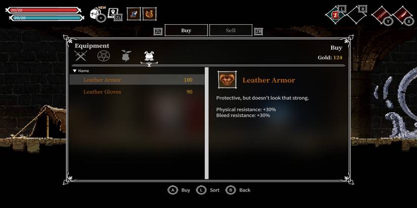 The shop menu in Lost Ruins