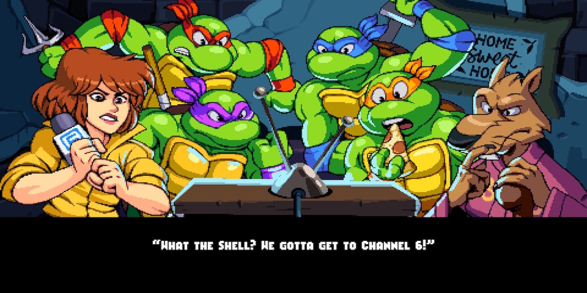 A cutscene featuring characters in Teenage Mutant Ninja Turtles Shredder's Revenge