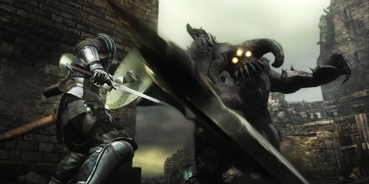 player protagonist fighting a mini boss in demon's souls (2011)
