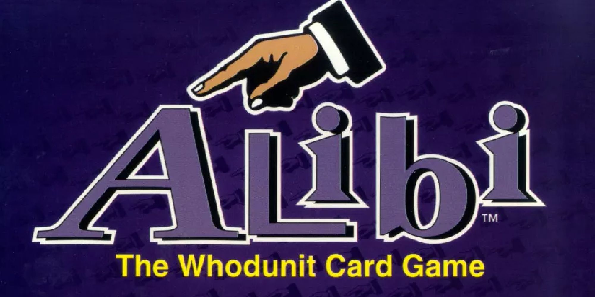 The logo for Alibi: The Whodunit Card Game, with a hand pointing at the A