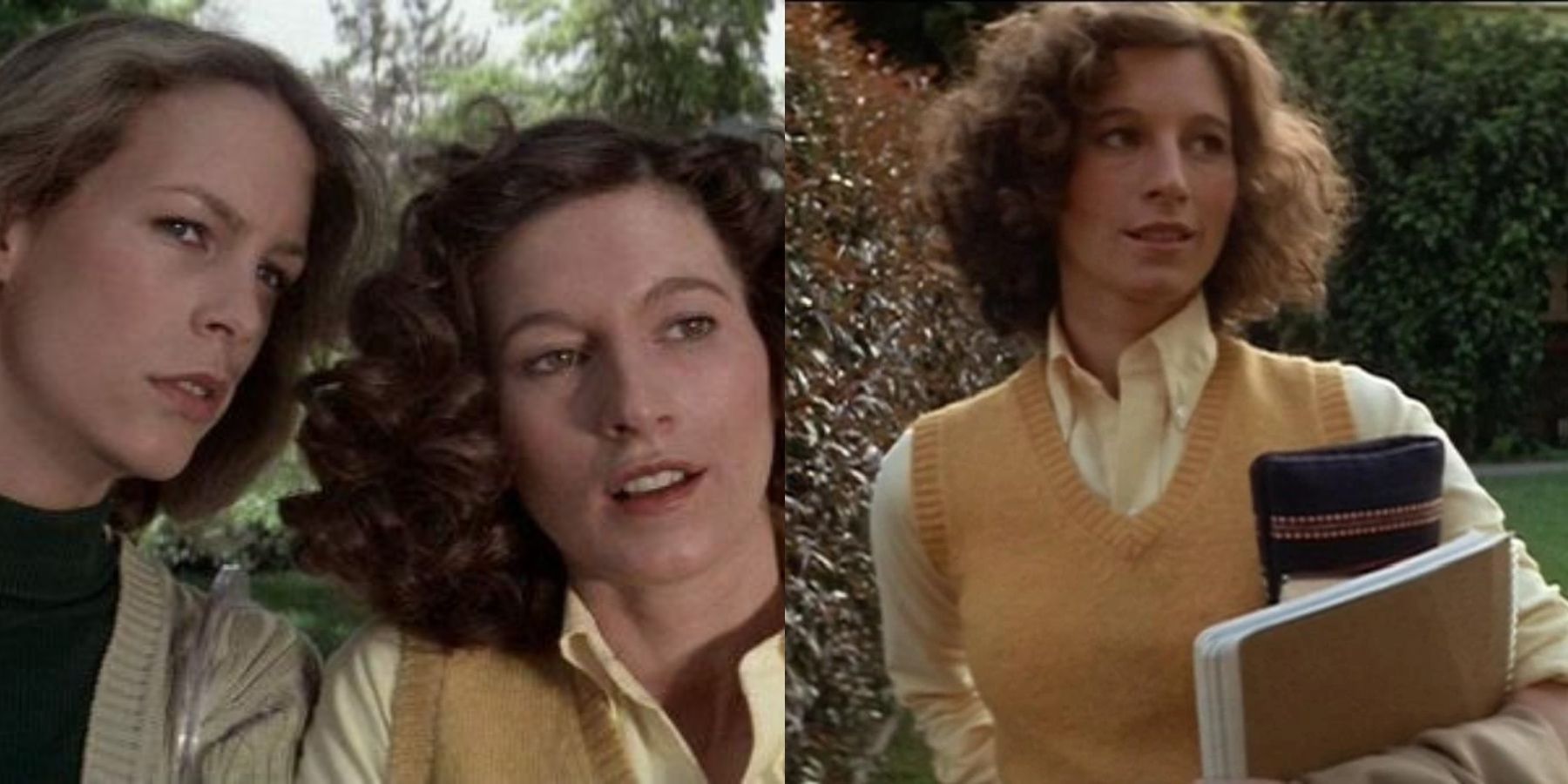 Split image of Laurie Strode (Jamie Lee Curtis) and Annie Brackett (Nancy Kyes) in Halloween (1978)