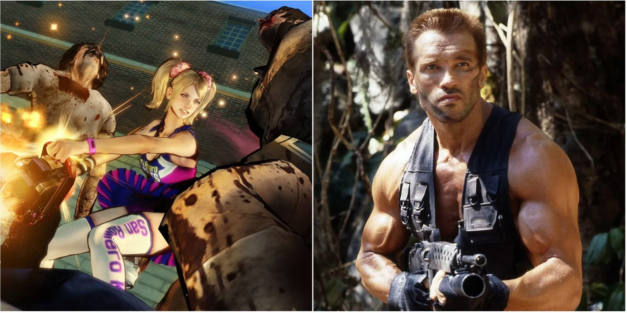 Arnold Schwarzenegger in Predator and Juliet in Lollipop Chainsaw cropped