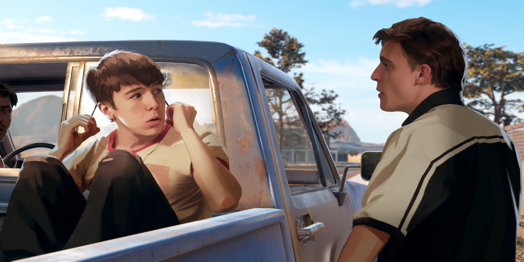 Two characters talk in a pick-up truck
