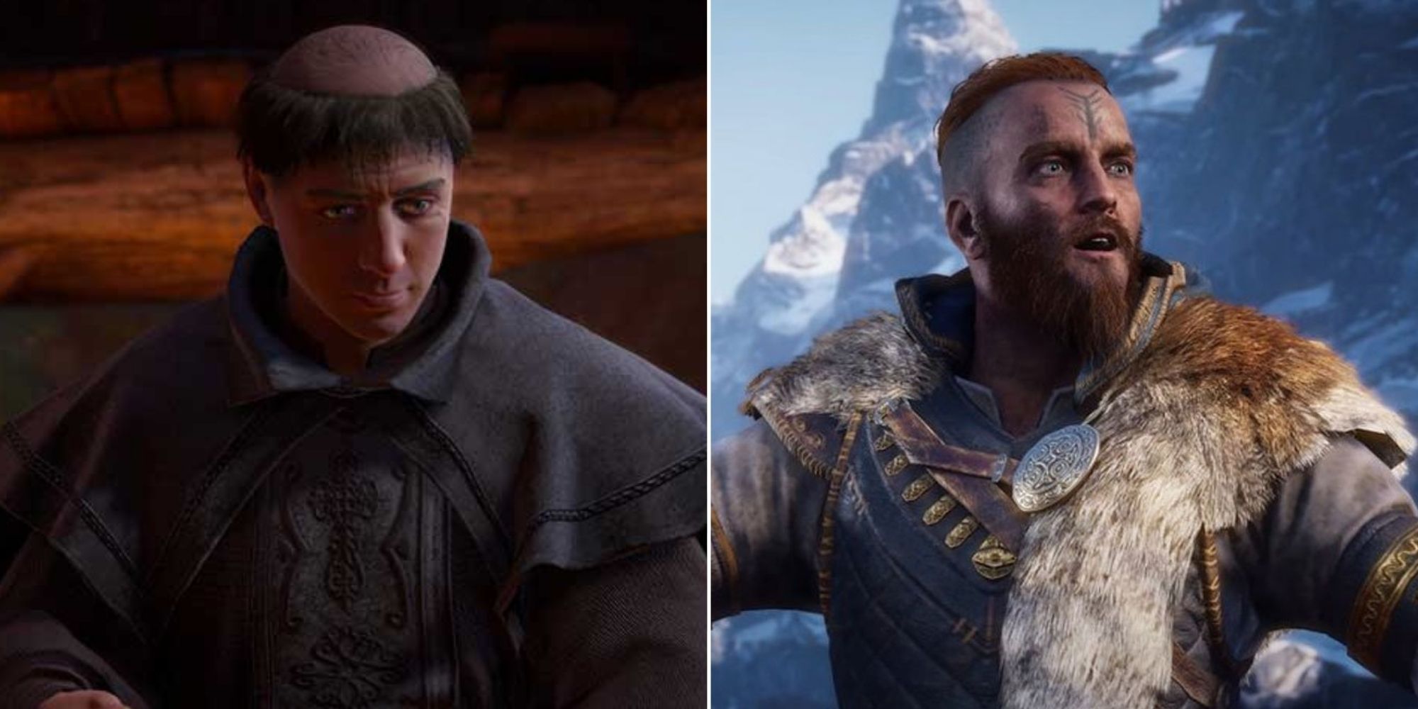 On the left is a picture of a monk and on the right is a picture of Sigurd in Assassin's Creed Valhalla