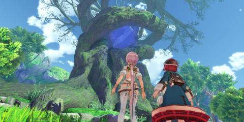 Two characters looking at a massive landmark in Atelier Sophie 2