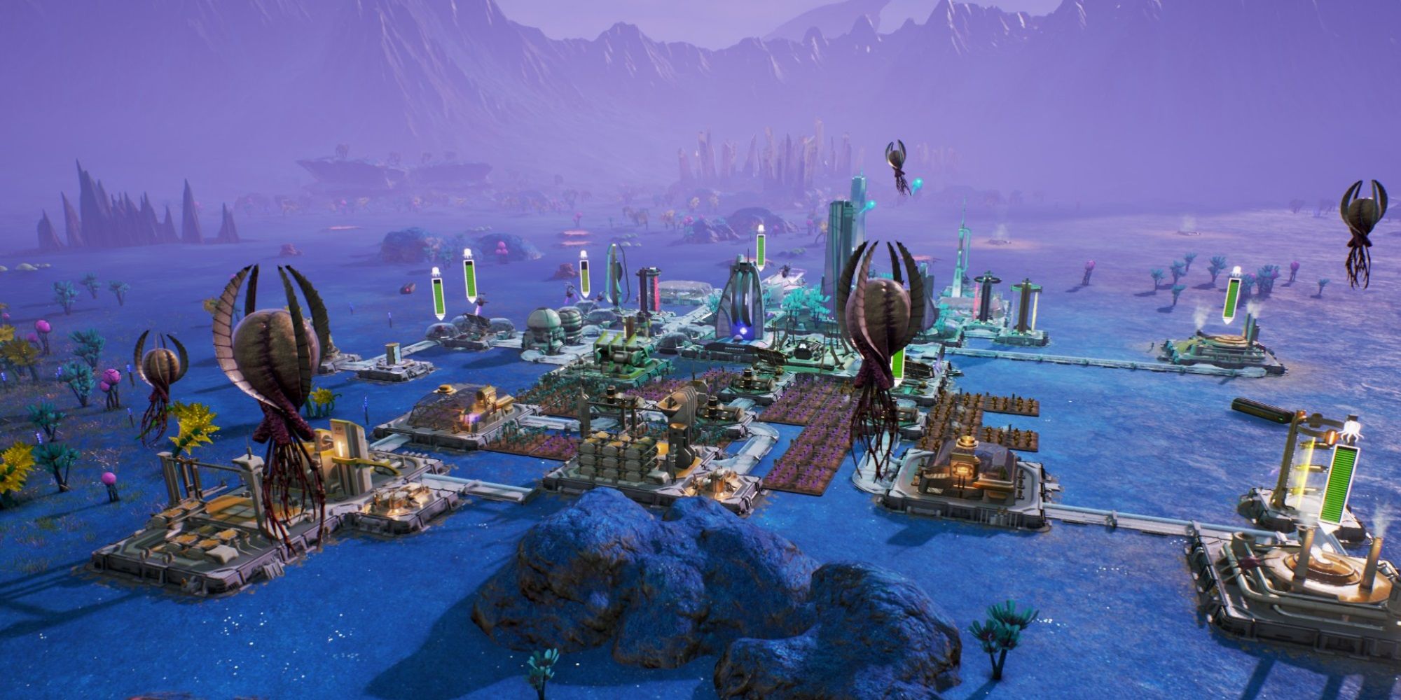 A vibrant planet with buildings in Aven Colony