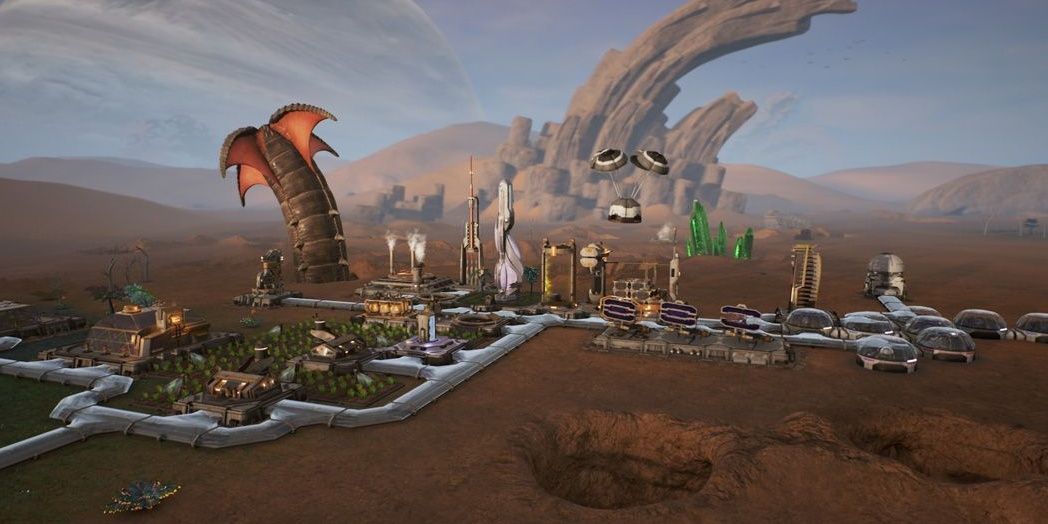 A dry or desert-like planet with a few buildings in Aven Colony