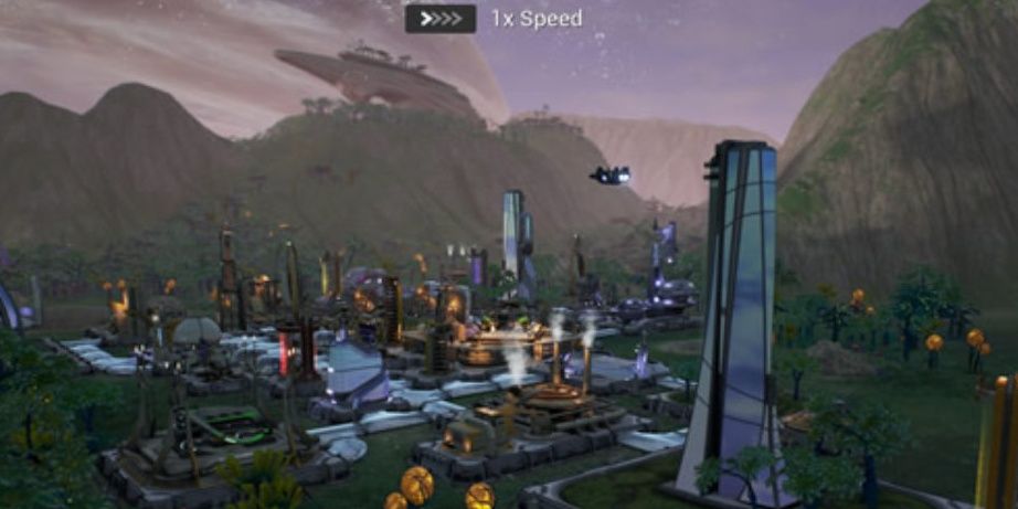 Aven Colony running at 1 times speed as a ship is seen flying away