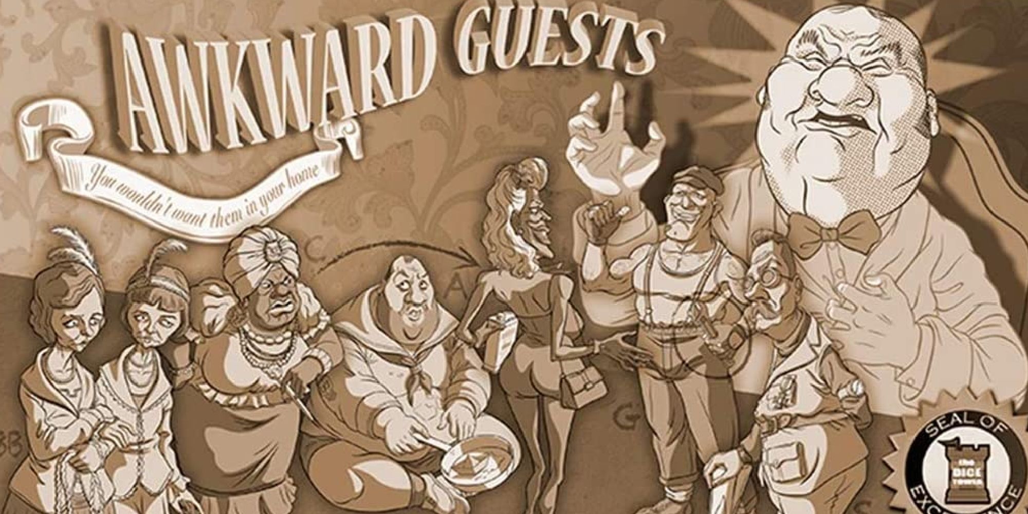 The box art for Awkward Guests, showing a group of suspects in sepia tone 