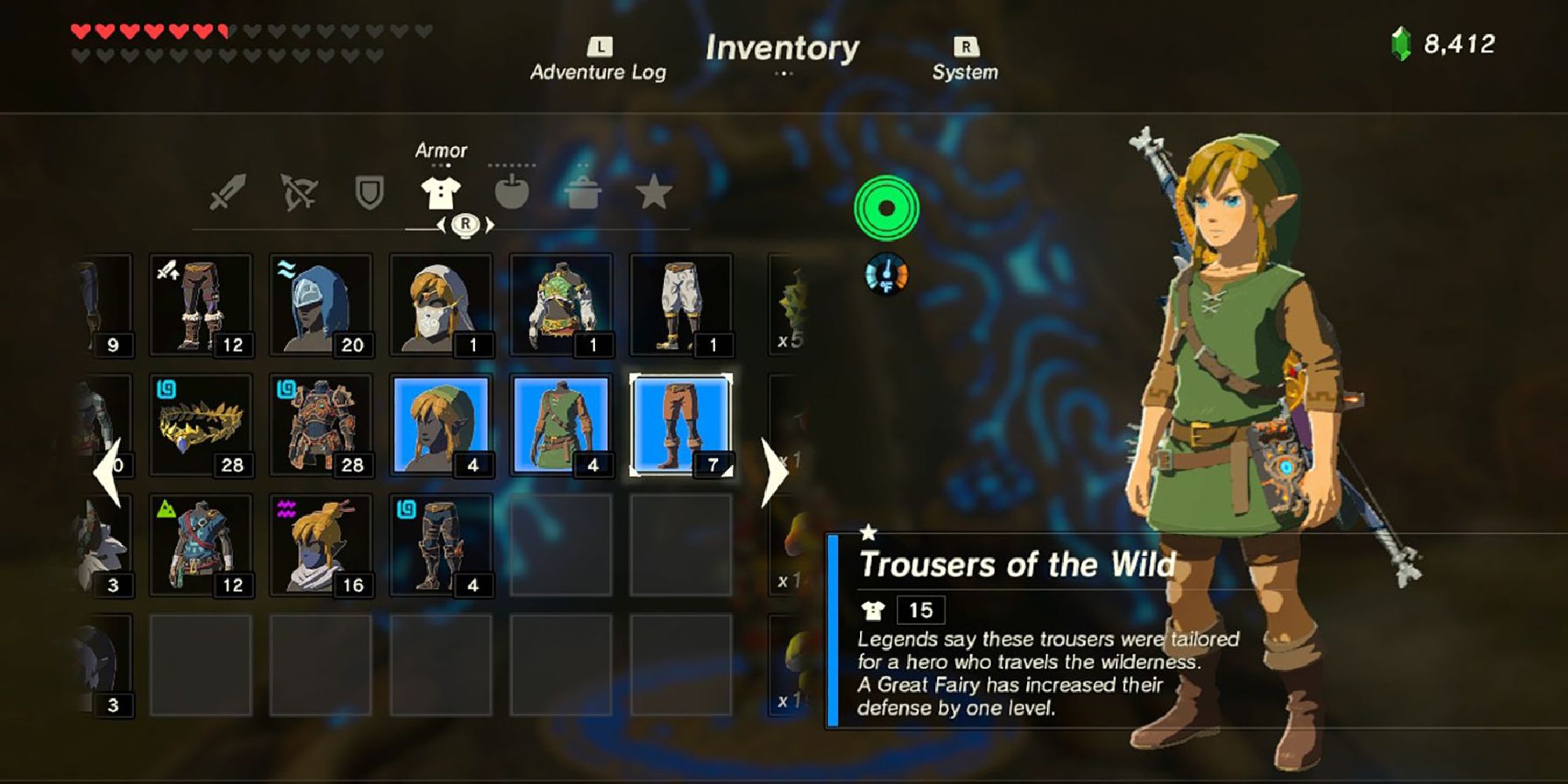 Link selecting the classic Link outfit from the armor inventory in BOTW