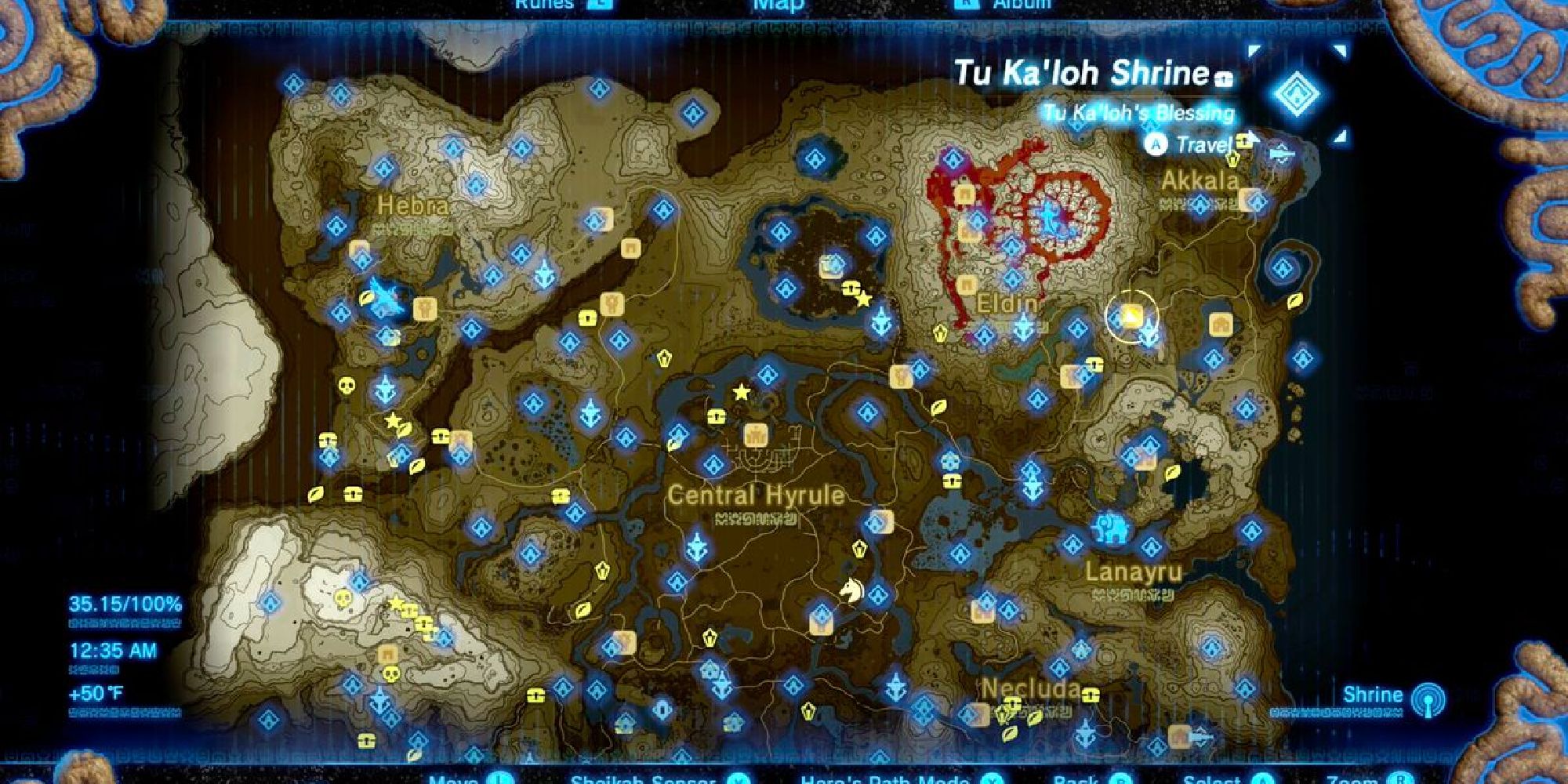 The completed map of BOTW showing all the shrine and Sheikah Tower locations to fast-travel between