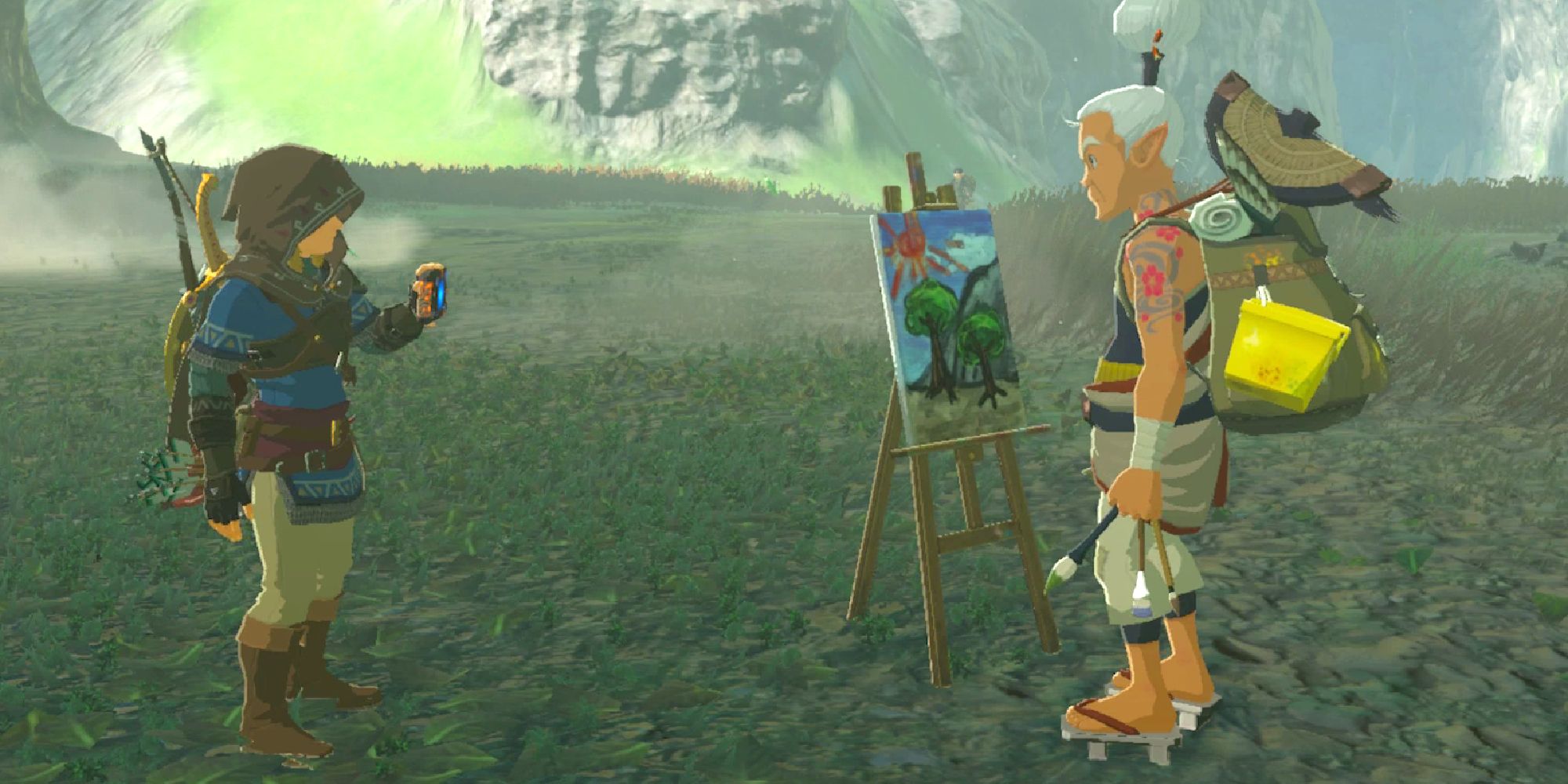 Link presenting his Sheikah Slate to Pikango, an NPC in BOTW