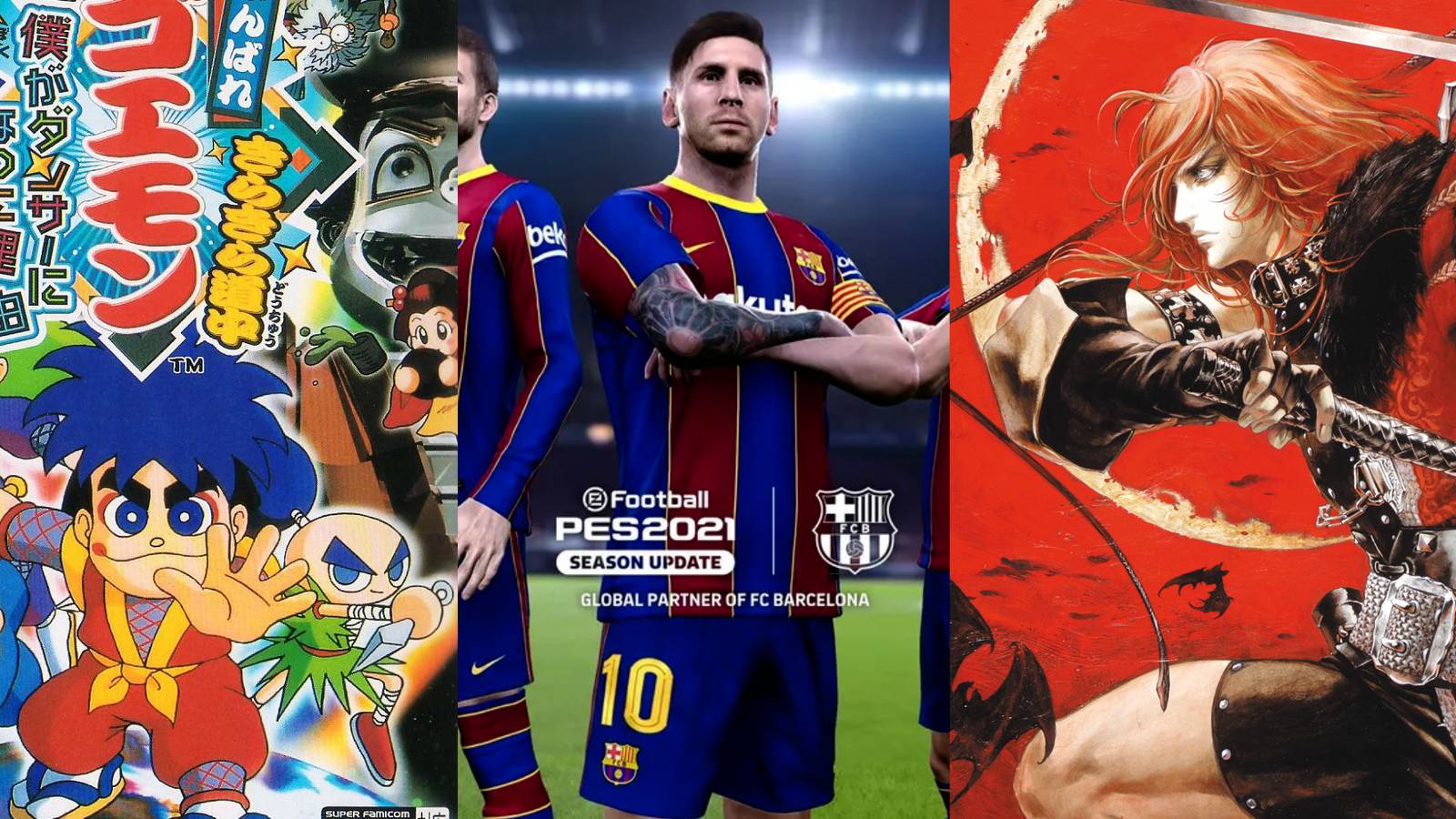 Banner Image Depicting Ganbare Goemon 3 (Left) PES 2021 (Middle) And Promotional Still Of Simon Belmont (Right)