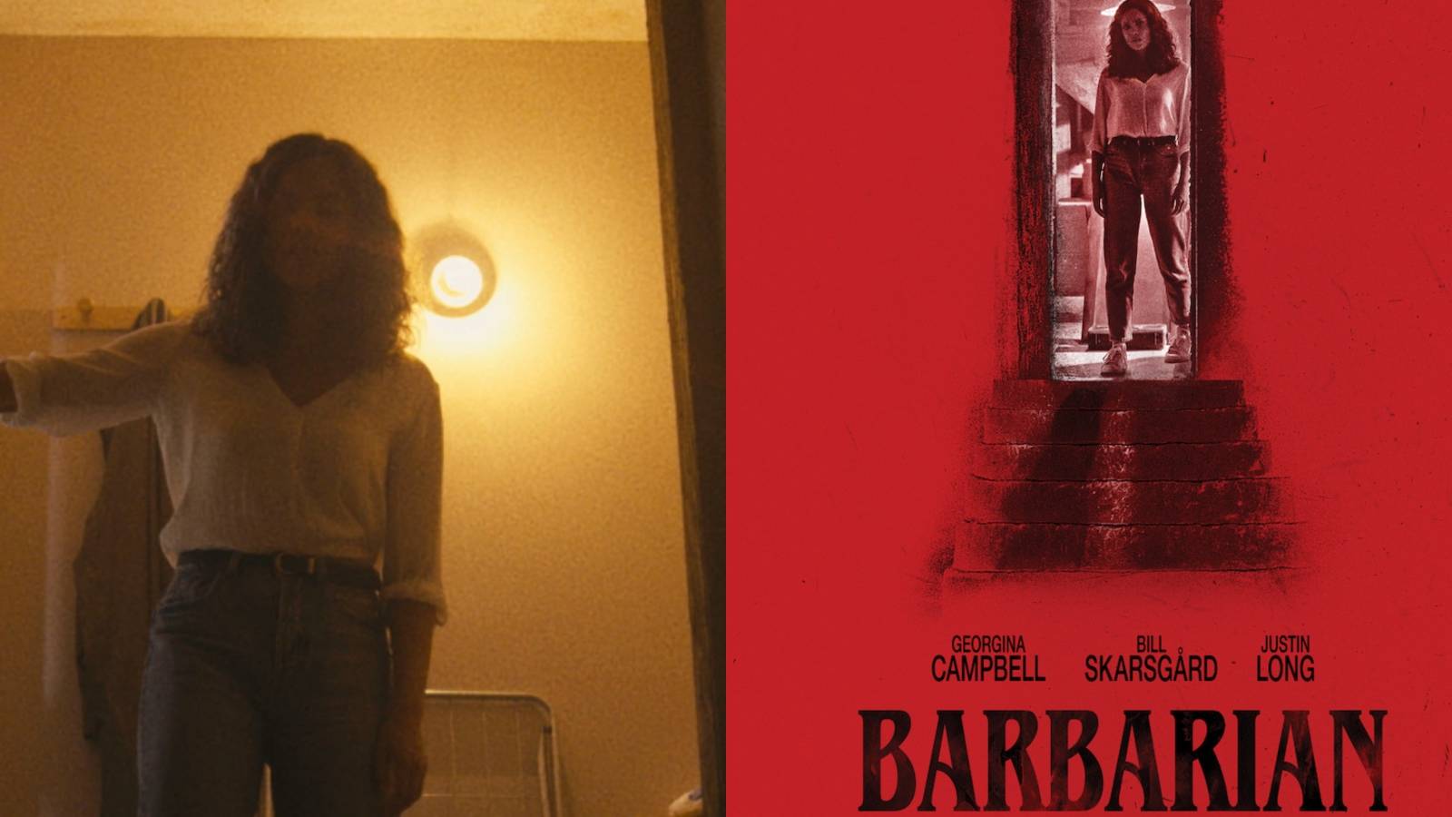 Split image of Tess and the poster for Barbarian