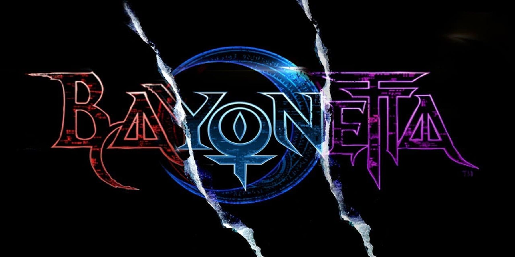 Bayonetta Logo as it appears in all 3 games, going from red, to blue, to purple.