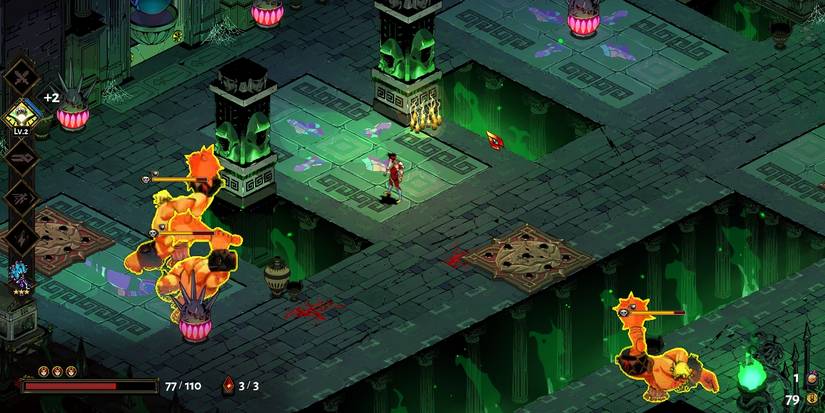 Zagreus (center) in a green temple, surrounded by club-wielding enemies and explosives.