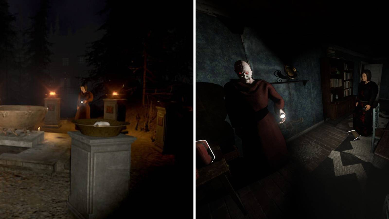 On the left is a ritual circle with a cultist standing next to it and on the right is two cultists inside a blue room in the game Devour