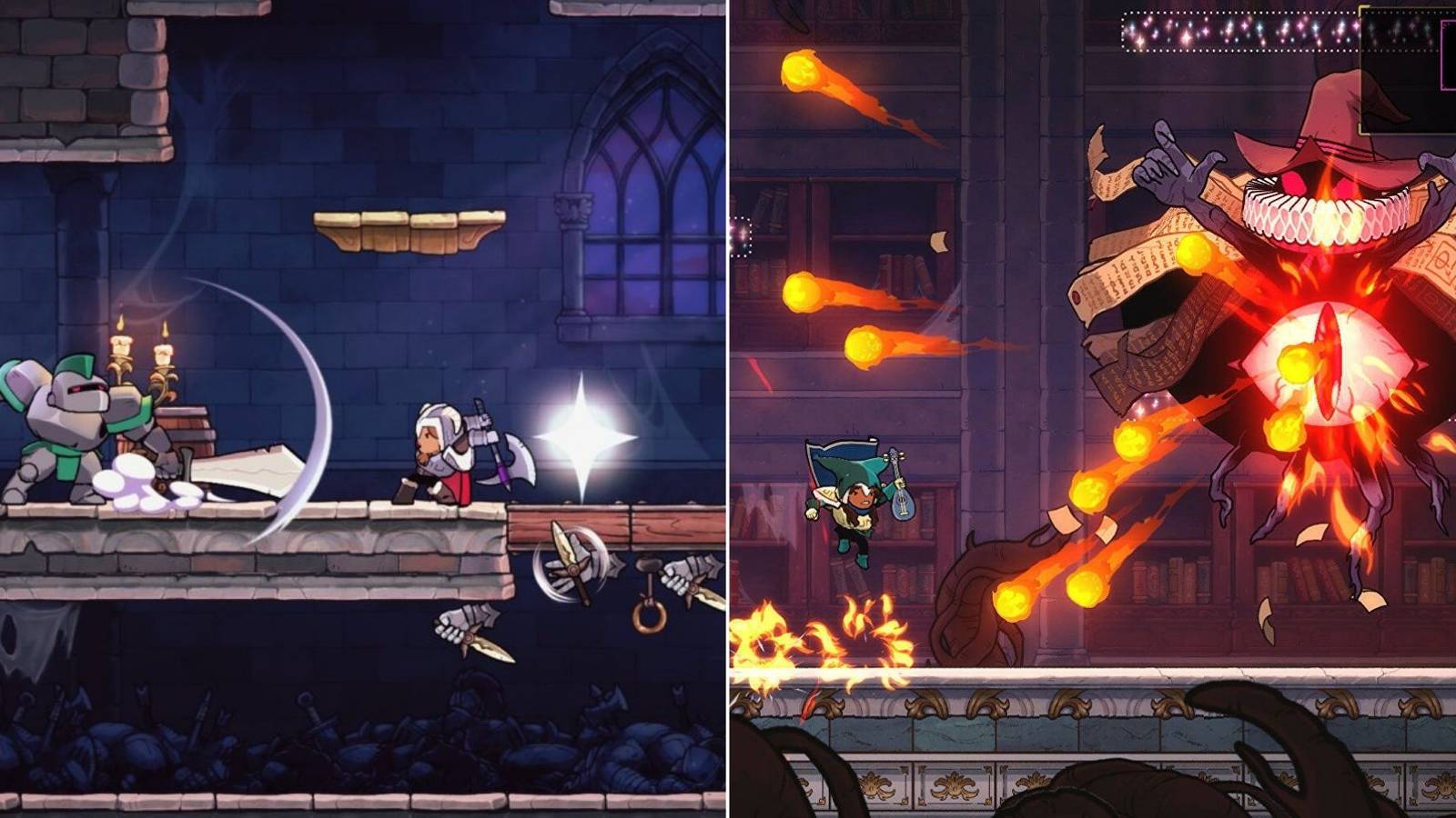 On the Left a Barbarian attacks a enemy and on the right a bard is attacking a boss in Rogue Legacy 2
