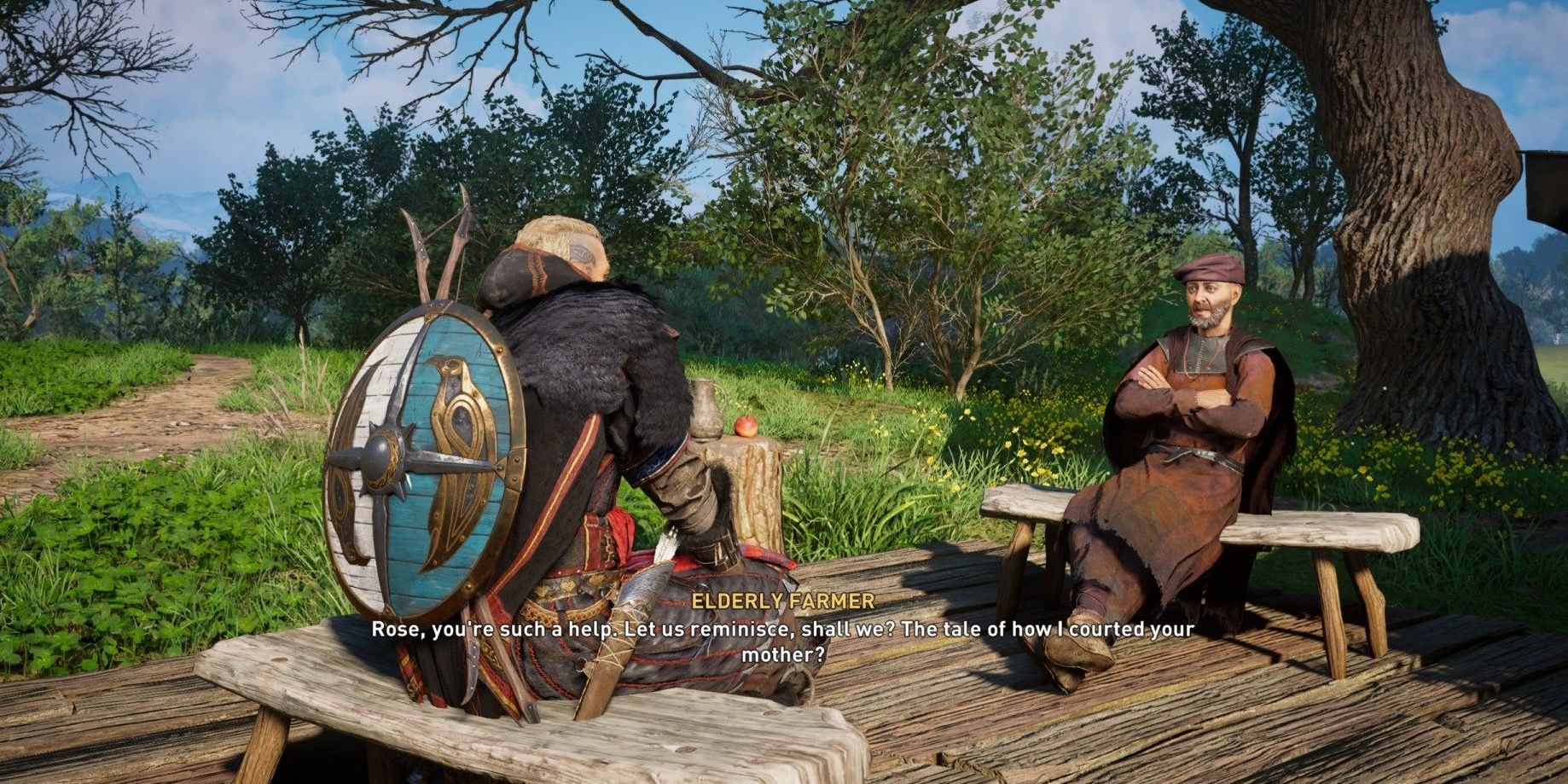 Eivor sitting on a bench talking to an elderly man about his daughter in Assassin's Creed Valhalla